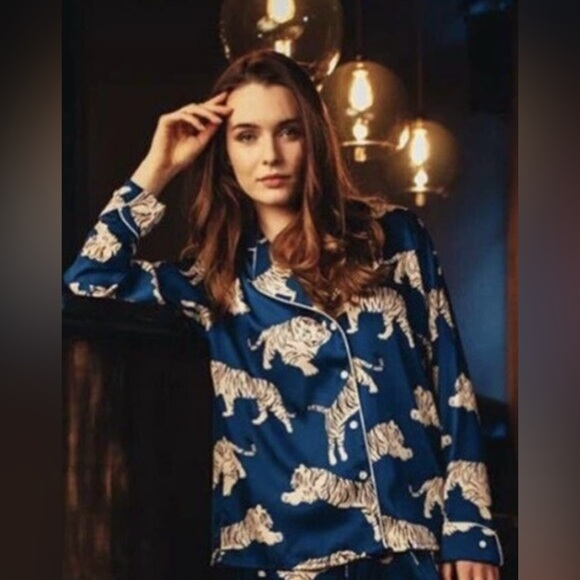 Averie Lion print pajama long sleeve button up top (Top only) size M color Blue - Picture 2 of 12